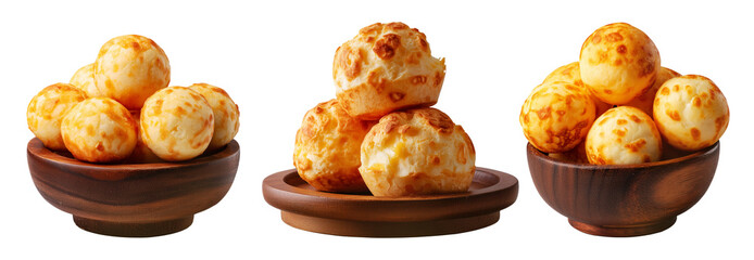 Stack of Brazilian cheesy bread balls with golden crust and holes, isolated on white background, concept of Pao de Queijo food