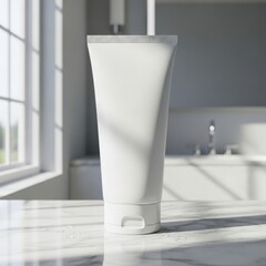Elegant blank white cosmetic tube packaging displayed on a sleek marble countertop in a bright room