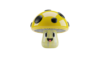 3D Cute cartoon yellow mushroom with happy face on transparent background