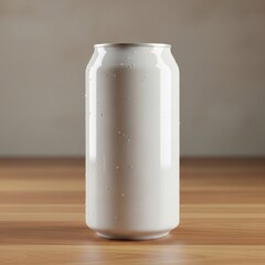 A refreshing white aluminum beverage can mockup covered in condensation on a light wooden surface.