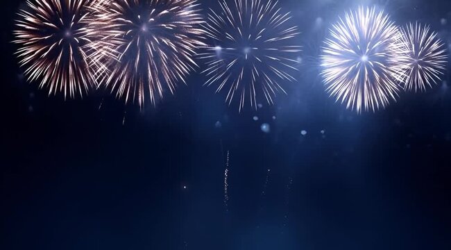 White fireworks border with copy space on blue night background
