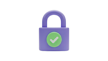 3D Purple padlock with green checkmark icon on transparent background