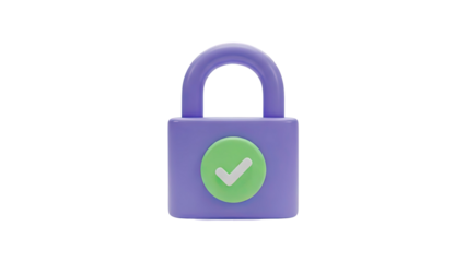3D Purple padlock with green checkmark icon on transparent background