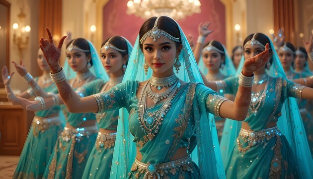 Bride squad practicing choreography, smart bangles glowing with rhythm, mehndi designs animated, ultra-detailed, 3D cinematic style

