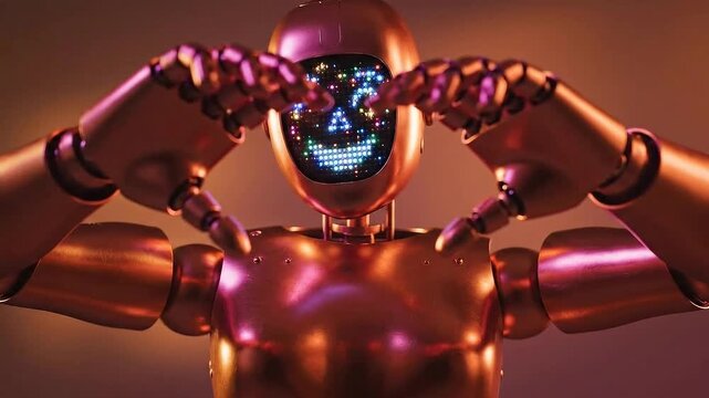 Metallic Robot Making Heart Shape with Hands Against Plain Background and Digital Glowing Face Emotes Love, Affection