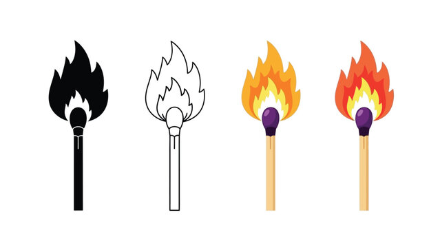 Collection of four lit match illustrations in silhouette, outline, color, and flat styles
