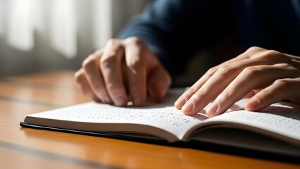 A person's hands gently tracing the raised dots of Braille in an open book, symbolizing literacy and accessibility for the visually impaired