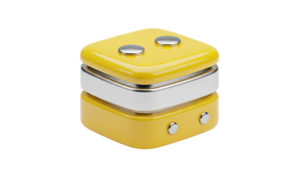 3D Stack of Yellow and Silver Cubes with Chrome Buttons on transparent background