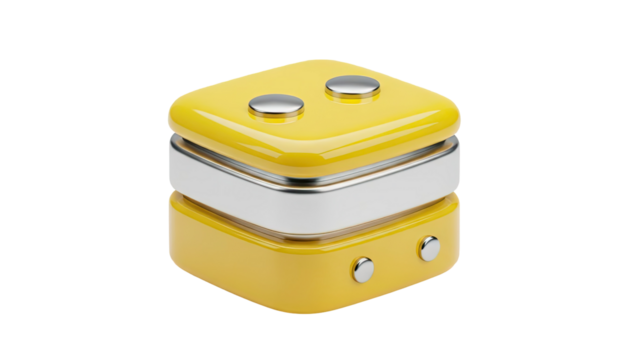 3D Stack of Yellow and Silver Cubes with Chrome Buttons on transparent background - Powered by Adobe