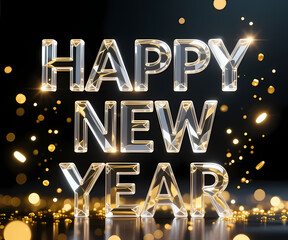 “HAPPY NEW YEAR” in transparent crystal glass letters, surrounded by golden light particles, dark background
