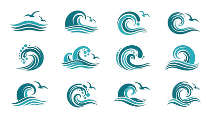 Fototapeta premium Collection of twelve stylized teal and turquoise sea wave icons with dynamic water motion
