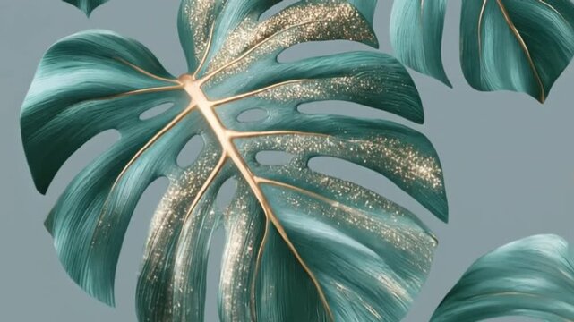 A visually stunning and luxurious animation features stylized tropical monstera leaves in a rich teal hue, adorned with intricate golden veins and shimmering glitter. The opulent design creates an ele