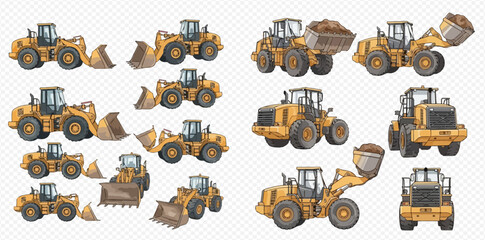 Set of yellow loaders in various poses, construction machinery for earthworks, isolated on white background. © studio