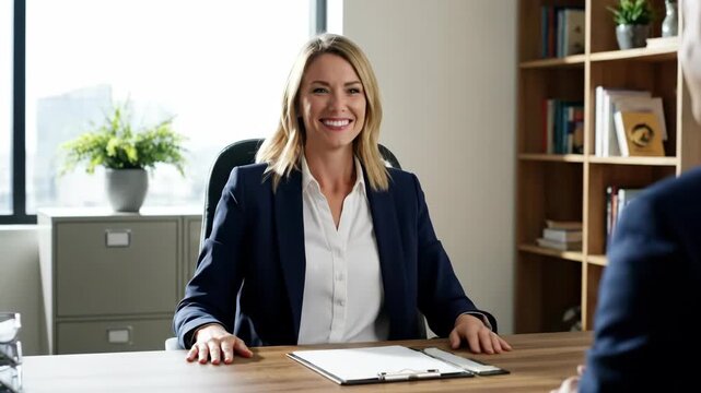 Smiling woman in office interviewing; applicant is blurry in the background, office setup