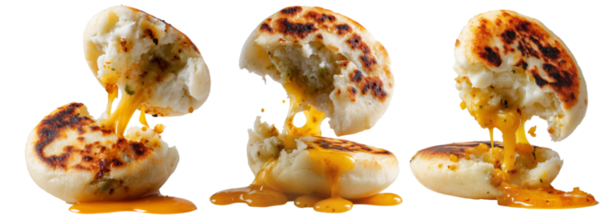 Arepas flatbreads stuffed corn cake revealing a rich filling of minced meat, egg and melted cheese, isolated on white background