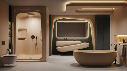 Modern Bathroom with Soothing Beige Tones and Sculptural Elements