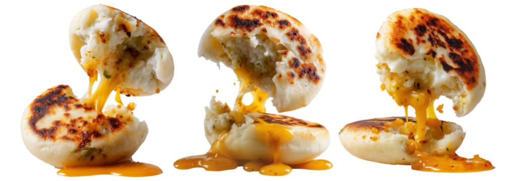 Arepas flatbreads stuffed corn cake revealing a rich filling of minced meat, egg and melted cheese, isolated on white background - Powered by Adobe