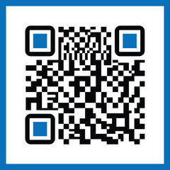 Blue bordered QR code icon isolated on a white background for digital scanning, mobile technology, and data access information.
