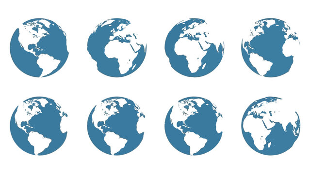 Collection of eight blue and white globe icons showing different world rotation views