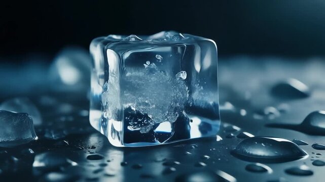 A solitary ice cube glistens on a wet, reflective surface, surrounded by water droplets and a gentle mist, embodying extreme cold and crisp refreshment