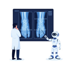 Doctor and robot analyzing foot xray isolated on transparent background