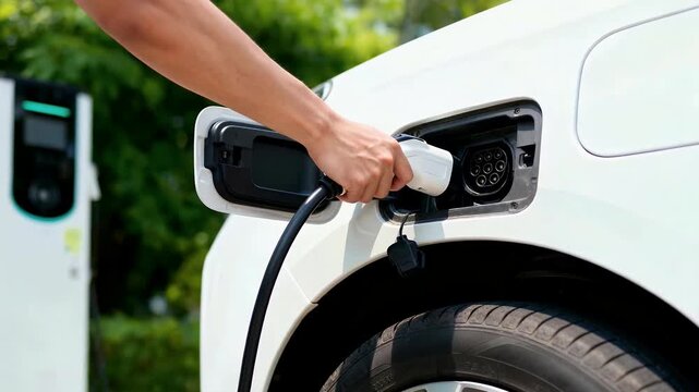 A person's hand plugging an electric vehicle charging cable into a white car at an outdoor charging station.