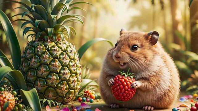 Cute hamster eating fruit in garden.
