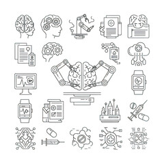 Set of icons representing artificial intelligence and healthcare, isolated on transparent background