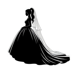 Silhouette of a bride in a wedding dress isolated on transparent background