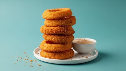 A stack of fried onion rings sits beside a small bowl of dipping sauce on a white plate against a teal backdrop
