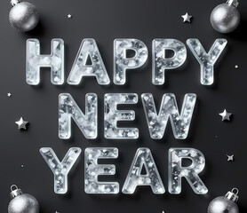 Glass letters spelling “HAPPY NEW YEAR”, icy crystal texture, silver decorations, clean dark background