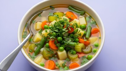 A white bowl filled with vegetable soup including carrots celery potatoes green beans and peas garnished with fresh herbs