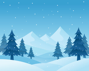 Peaceful winter landscape with snowy pine trees, soft falling snow, and blue mountains under a clear sky, creating a calm seasonal scene.