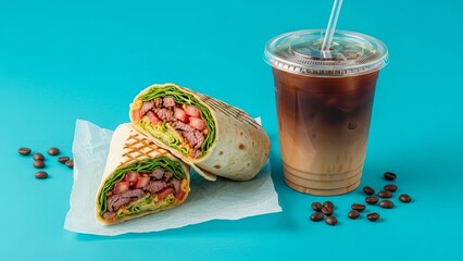 A wrap cut in half beside an iced coffee cup with scattered coffee beans on a blue backdrop