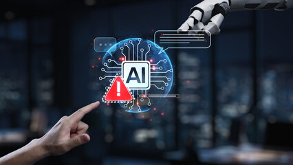 This image showcases a digital interaction between a human and a robotic arm, emphasizing artificial intelligence, technology, and a critical warning symbol in a modern environment. Synapse