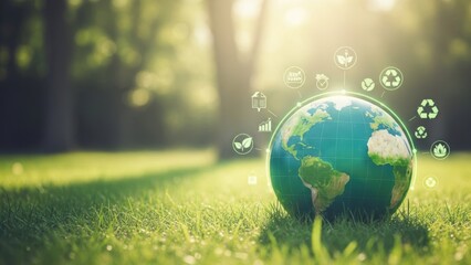 A blue and green globe on a grassy field with eco friendly symbols floating around it in a sunny natural setting