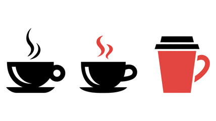 A collection of three minimalist coffee and takeaway mug icons representing hot beverages