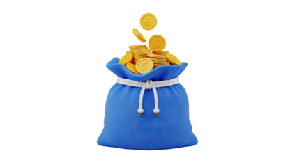 3D Blue money bag overflowing with gold coins on transparent background