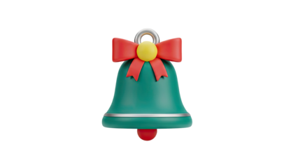 3D Christmas Bell with Red Bow and Yellow Accent on transparent background