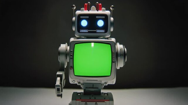 Retro robot with green screen display on dark background.