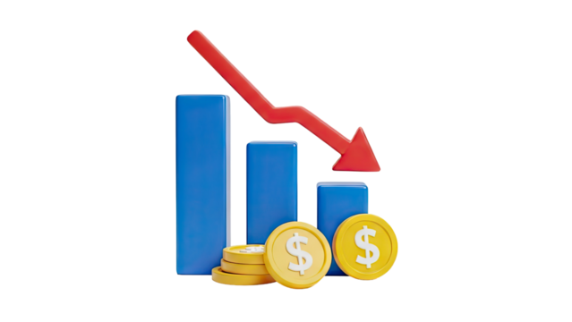 3D Business Bar Graph Falling Down with Red Arrow and Coins on transparent background - Powered by Adobe