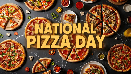 A delicious assortment of pizzas and toppings celebrating national pizza day