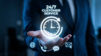 Business professional holding glowing 24/7 customer service clock with digital communication icons