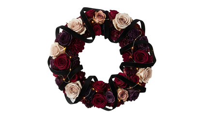 Floral wreath with dark red roses and ribbons isolated on transparent background
