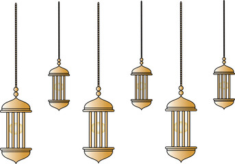 A collection of hanging golden traditional Islamic lanterns, elegantly designed for festive decorations and cultural celebrations like Ramadan and Eid Mubarak