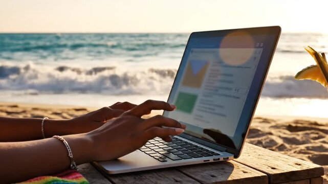 Woman working on laptop at beach during sunset, remote work