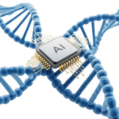 Ai chip integrated with dna helix isolated on transparent background