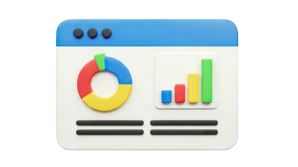 3D Dashboard with Pie Chart and Bar Graph Icons on transparent background