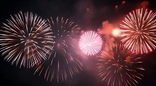 Colorful fireworks in smoky night sky with glowing particles
