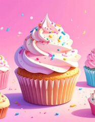 Colorful cupcake with pink frosting, sprinkles, on a pink background